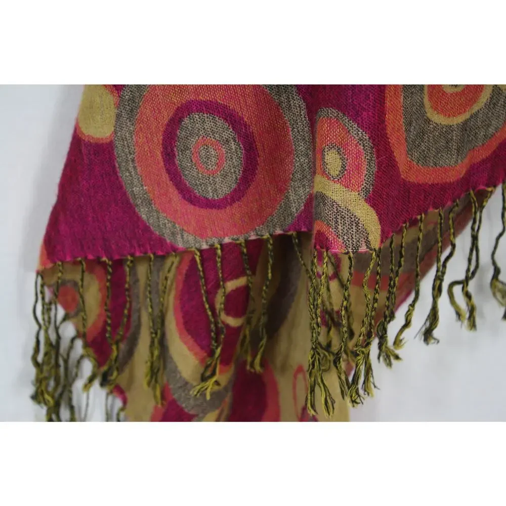 Vintage Y2K Pashmina Silk Scarf Wrap Pink Abstract Circles Fringe 60x28